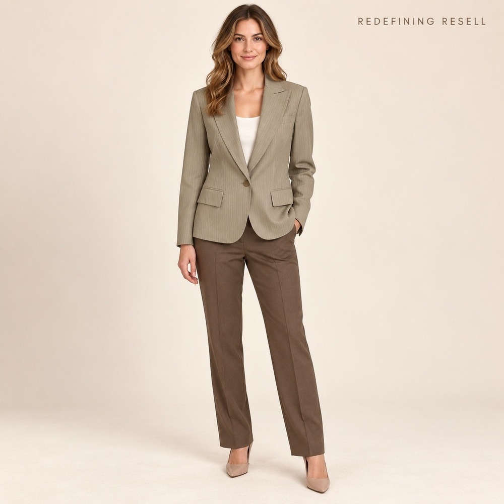 Lafayette 148 New York 100% Wool Pinstripe Blazer Sage Green Size 8 Peak Lapel